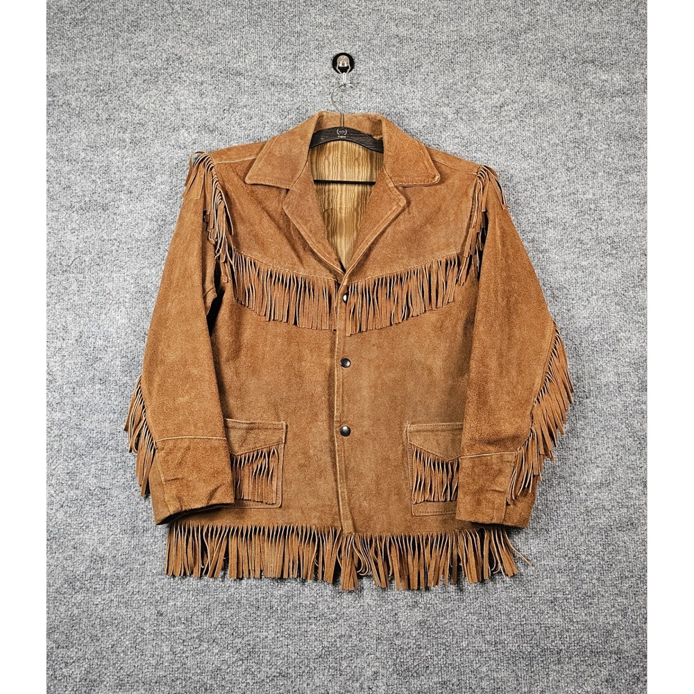 Vintage 70s Joo Kay Suede Leather Western Fringe Snap Jacket Size 16 S/M Brown